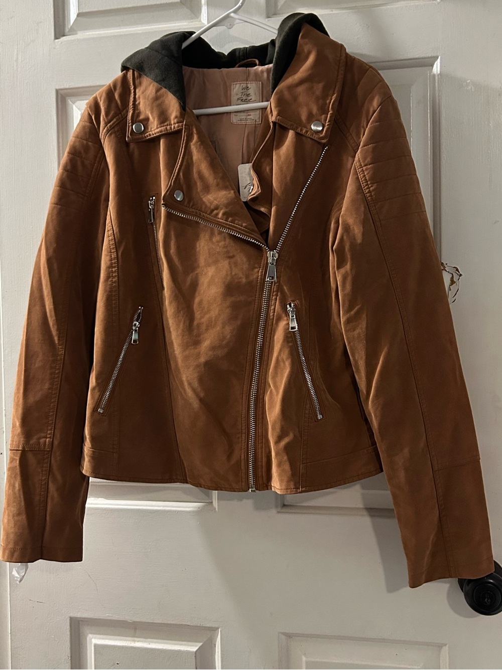 Free People Cognac Brown Moto Jacket with Hooded Liner